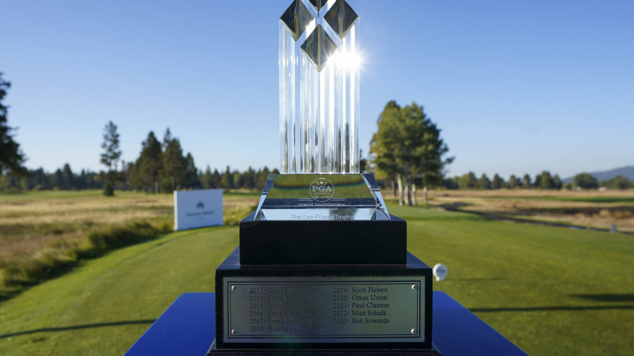 SUNRIVER, OR - SEPTEMBER 29: The Leo Fraser Trophy during the Senior PGA Professional Championship at Sunriver Resort on Sunday, September 29, 2024 in Sunriver, Oregon. (Photo by Chelsea Sedlar/PGA of America)