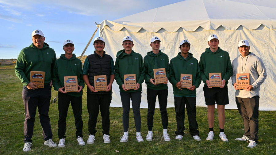 SANTA ANA PUEBLO, NM - NOVEMBER 17: Assistant coach John Brown, Mack Herzog, Jordan Ofahengaue, Blake Brown, Jace Benson, D'Adiddas Notoa, Ryder Huish, and coach Tele Wightman, PGA, of Team Utah pose with their 2nd place awards after the 2024 17u National Car Rental PGA Jr. League Championship at Twin Warriors Golf Club on Sunday, November 17, 2024 in Santa Ana Pueblo, New Mexico. (Photo by Sam Wasson/PGA of America)