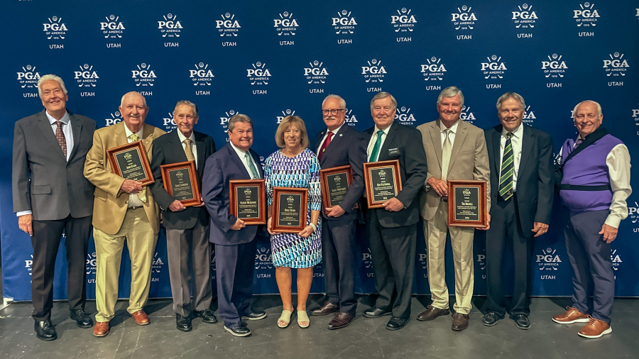 2026 inaugural Utah PGA Hall of Fame inductees: (L-R) Randy Beck (on behalf of Jimmy Thompson), John Evans, Ernie Schneiter Jr., Robert McArthur, Denise Vilven (on behalf of Doug Vilven), Scott Whittaker, Ken Pettingill, Ron and Don Branca (on behalf of Tee Branca), and Jeff Beaudry.